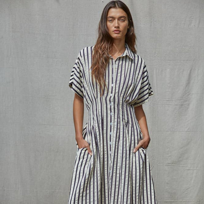 Striped Button Front Midi Shirt Dress