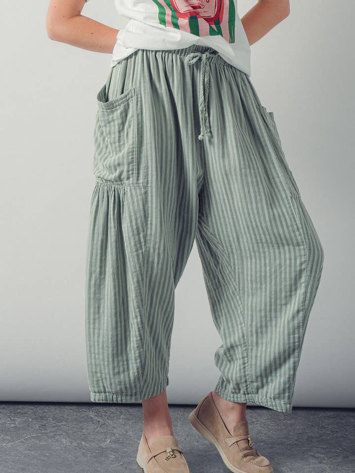 Striped Cotton Drawstring Harem Pants