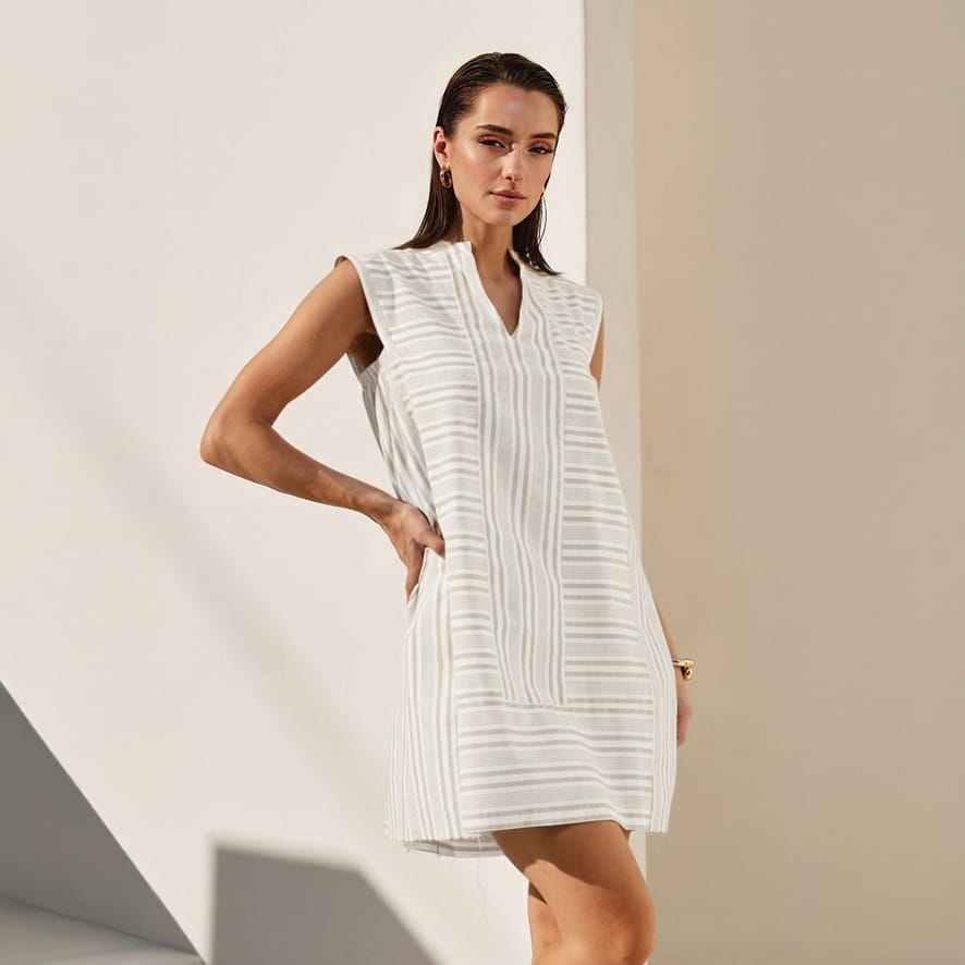 mini shift dress Striped Mini Shift Dress in Sand Sand / M