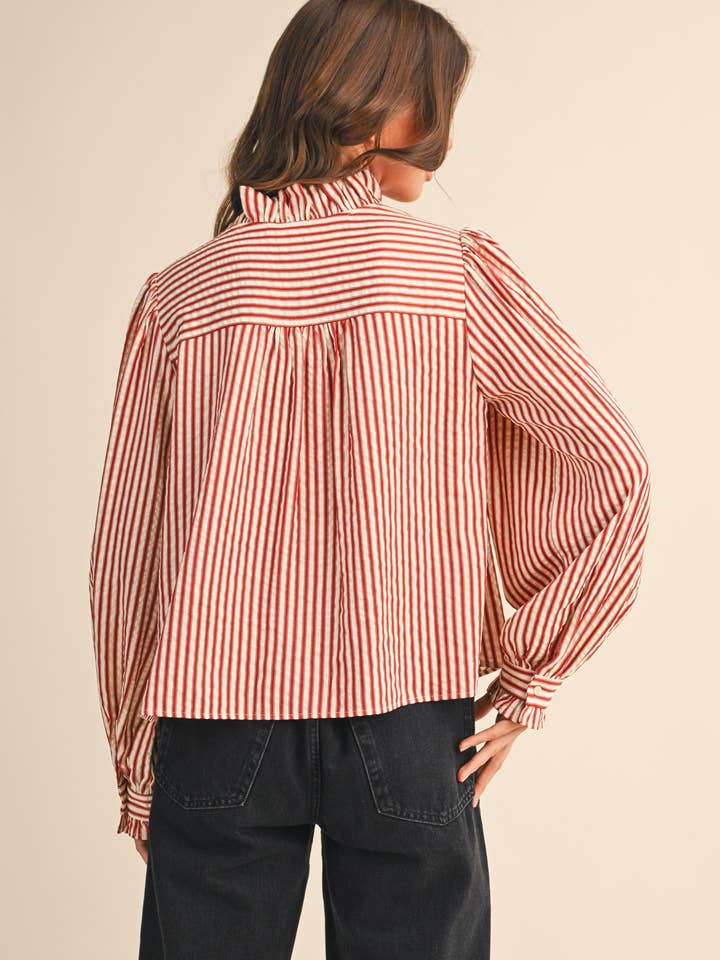 red stripe ruffle blouse for women