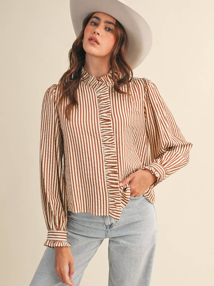 Striped Ruffle Trim Blouse in Pecan Stripe