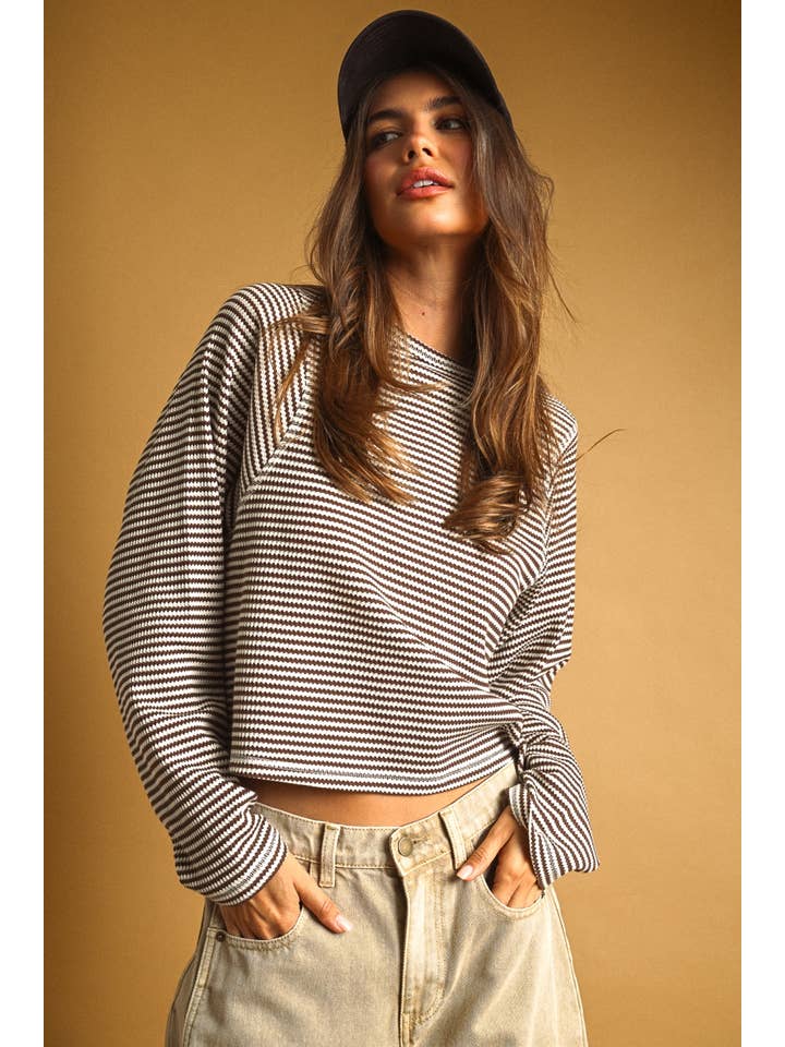 Striped Waffle Knit Long Sleeve Top