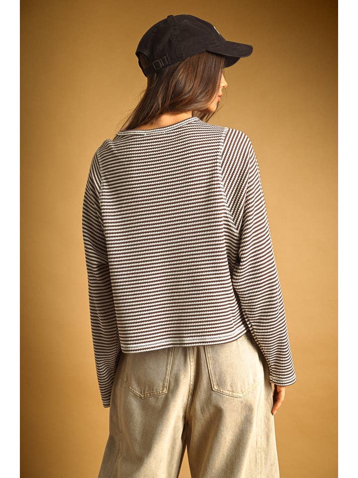 Striped Waffle Knit Long Sleeve Top