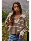 brown and cream striped v neck collar sweater