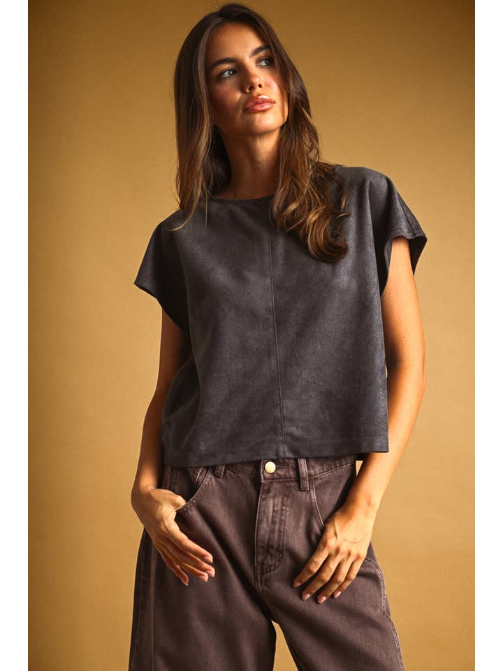Suede Cap Sleeve Boxy Crop Top, 2 Colors Available