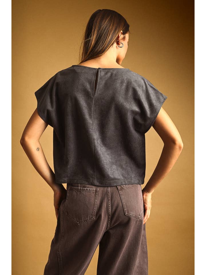 Suede Cap Sleeve Boxy Crop Top
