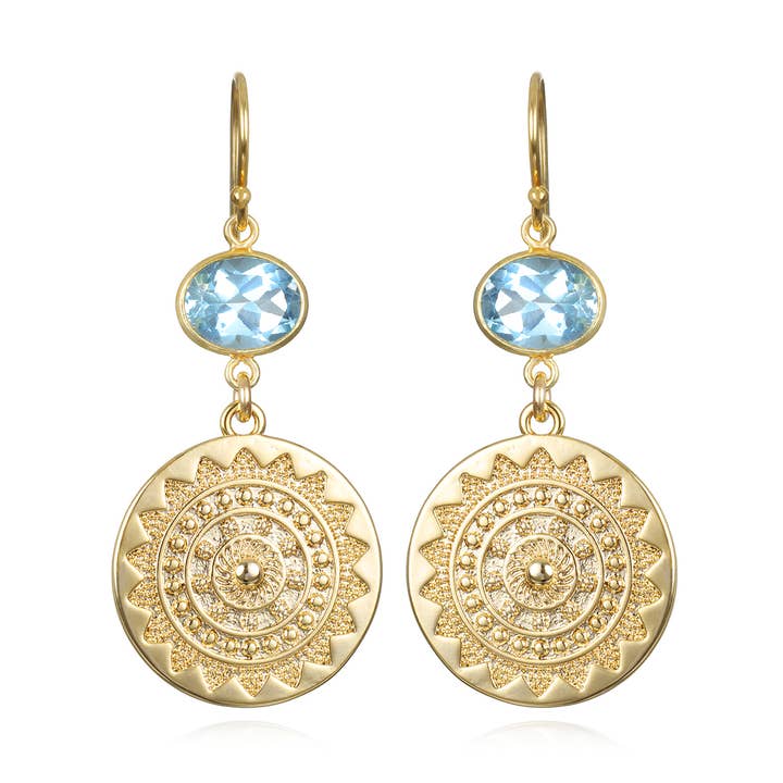 Sun Medallion Dangles with Sky Blue Topaz