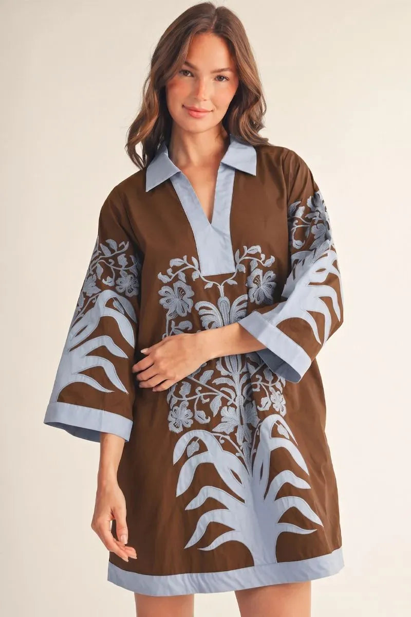 Powder Blue Baroque Floral Applique Detail on Chocolate Brown Dress
