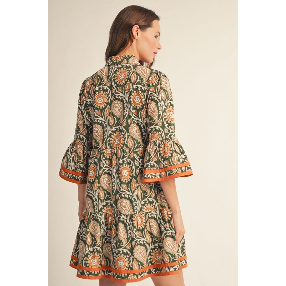 Hunter Green Paisley Floral Dress with Bell Sleeves