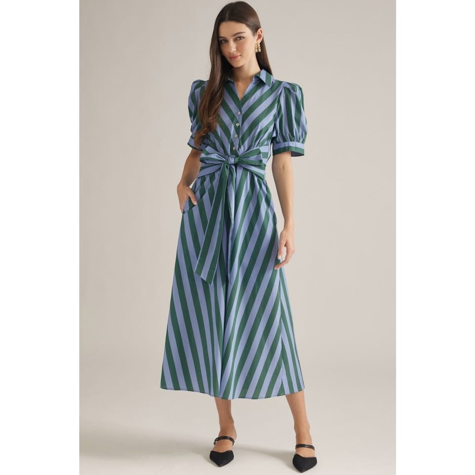 Hunter Green & Blue Stripe Cotton Midi Dress
