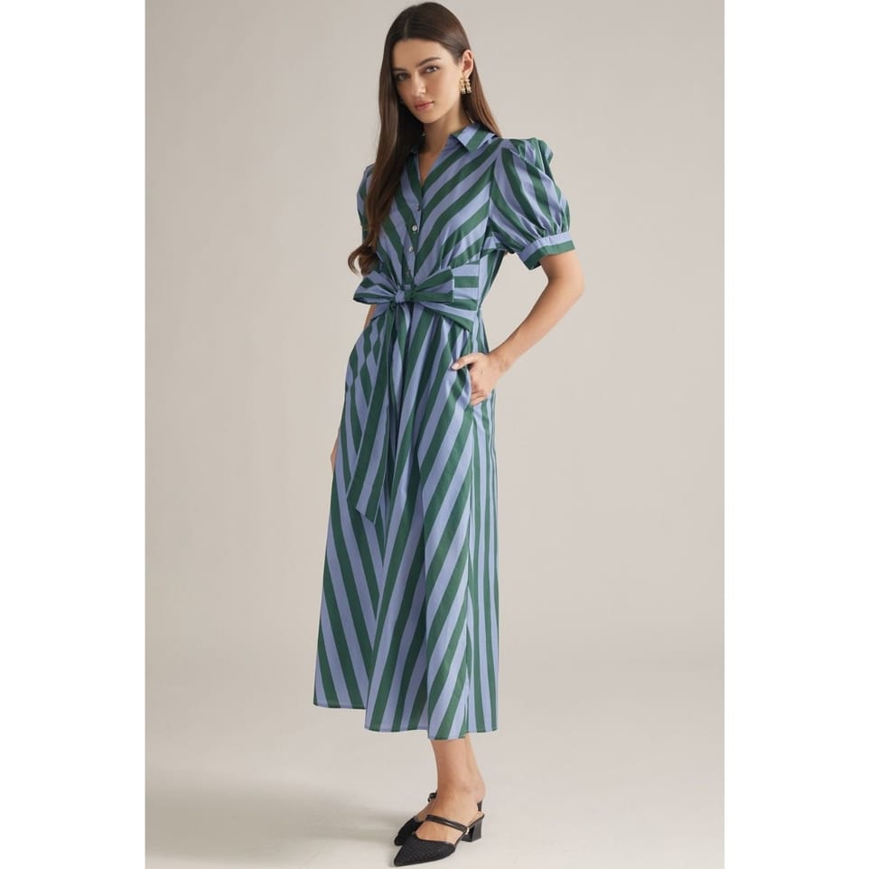 Stripe Short Puff Sleeve Midi Dress