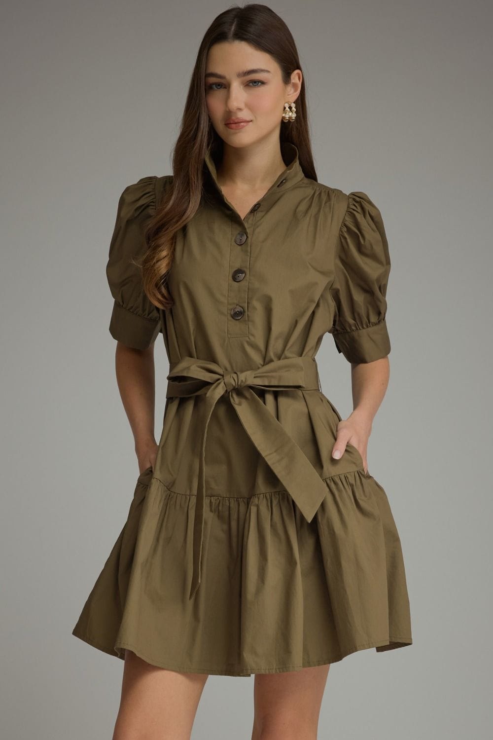 Olive Puff Sleeve Tiered Mini Dress with Pockets