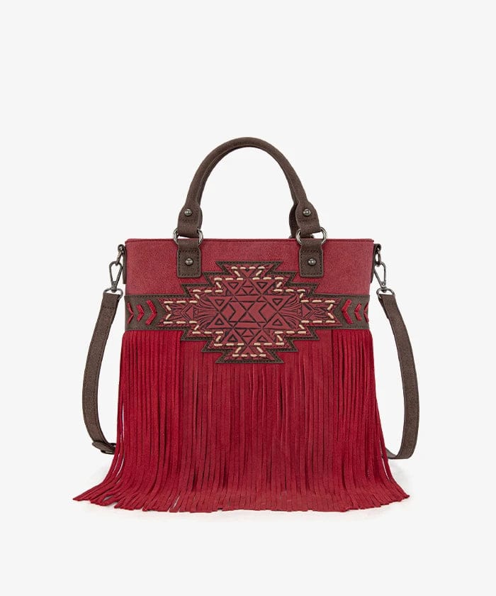 Burgundy Aztec Tooled Fringe Tote/Crossbody