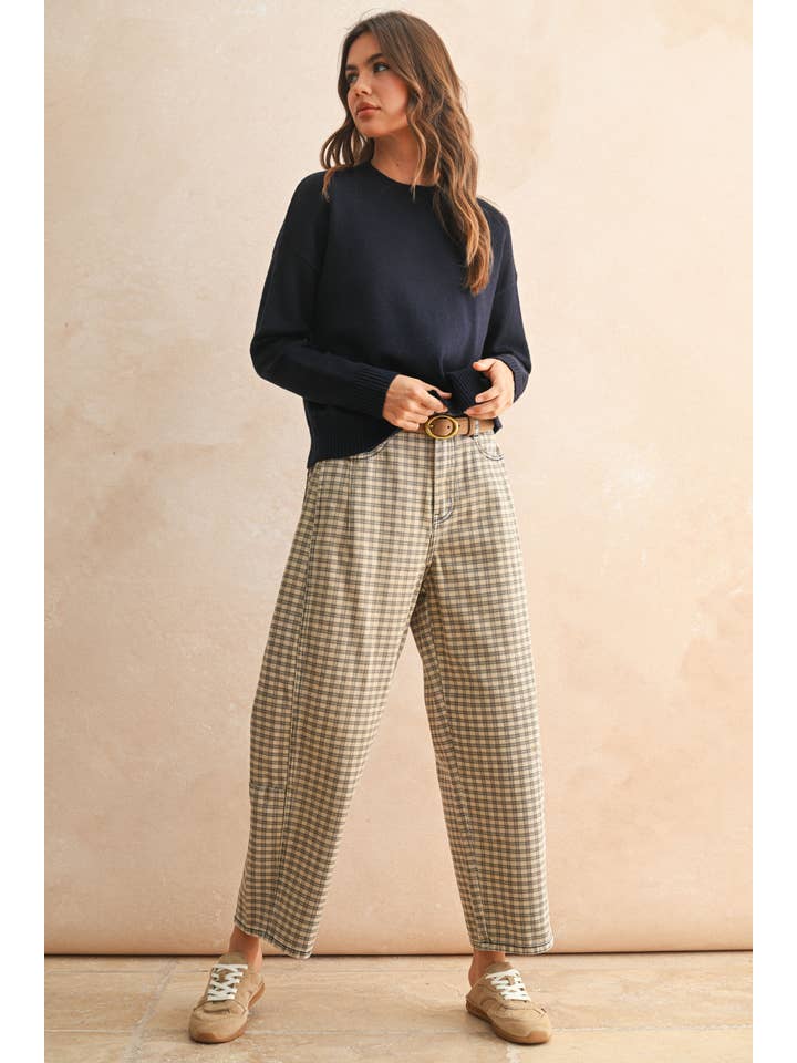 Tan & Brown Mini Check Barrel Pants