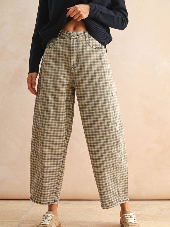 Tan & Brown Mini Check Barrel Pants