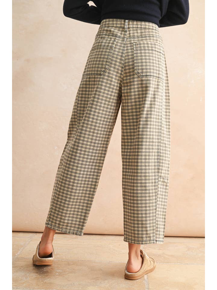 Tan & Brown Mini Check Barrel Pants