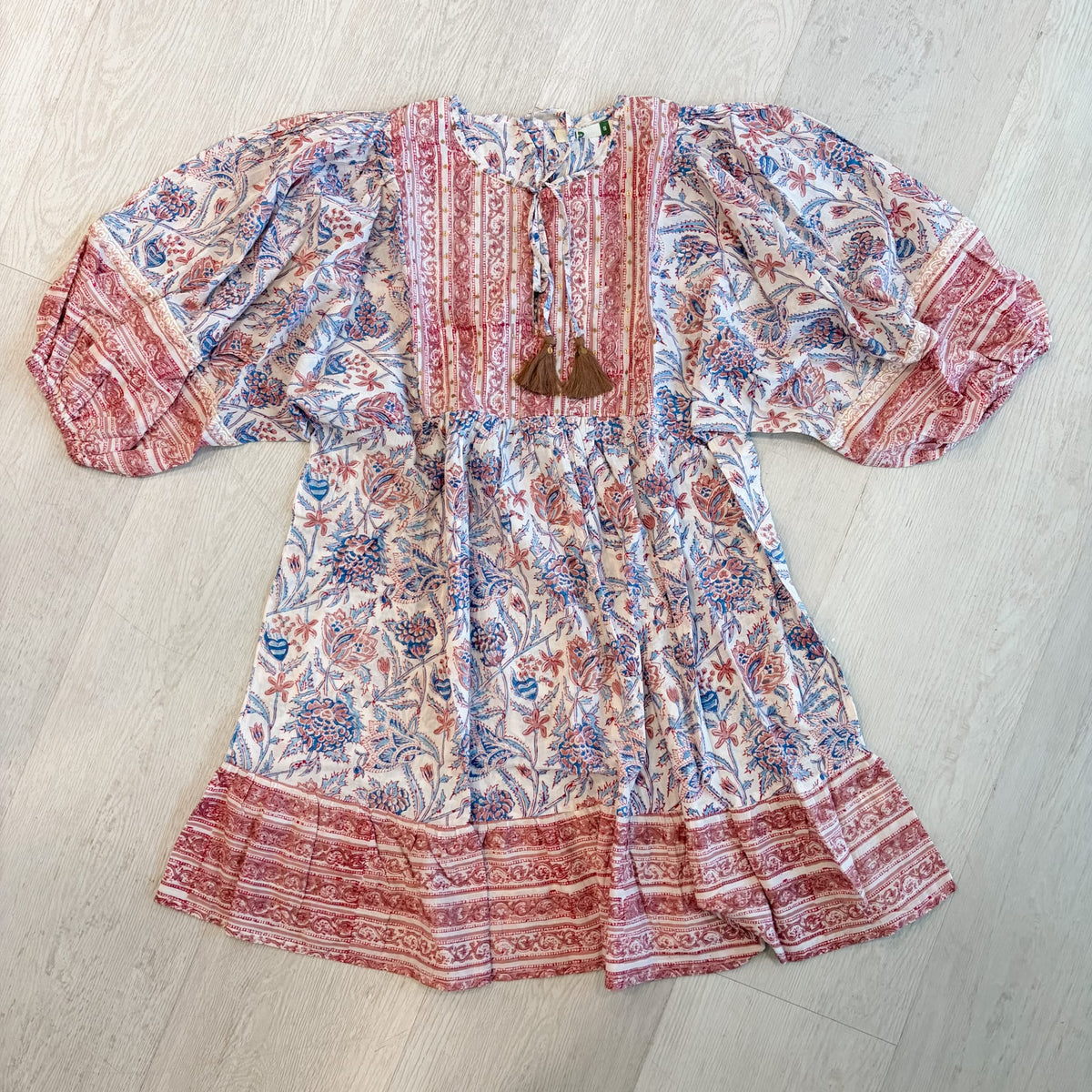 Tassel Tie Neck Half Sleeve Printed Mini Dress in Blue Mauve Paisley Print