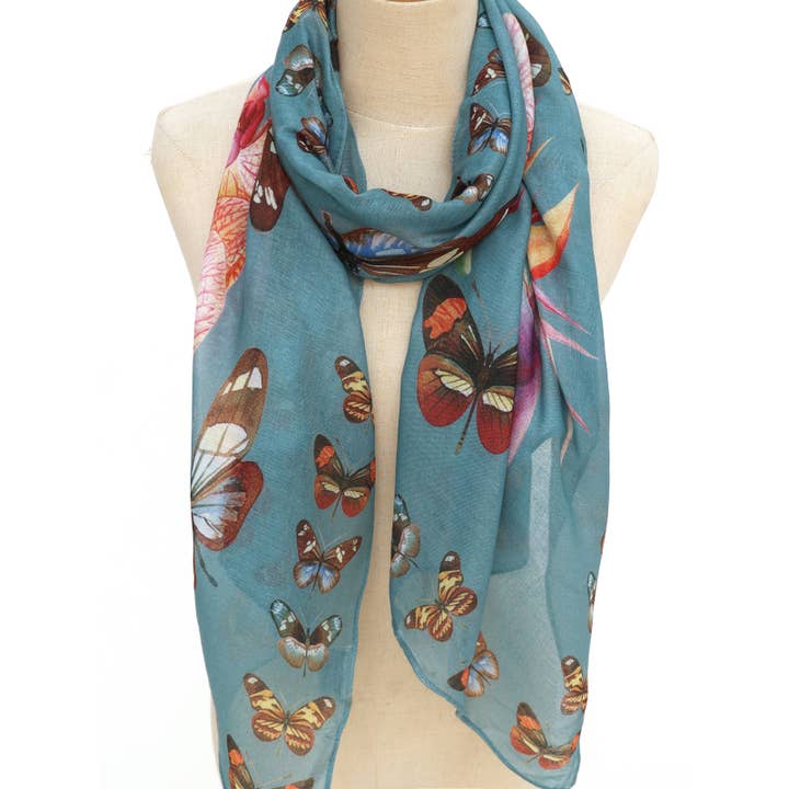 Teal-Multi Butterfly & Tropical Floral Scarf