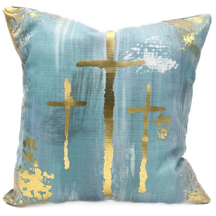 Teal Golden Crosses Velvet Pillow