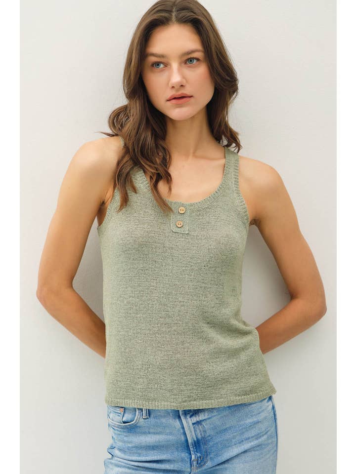 Textured Knit Henley Tank in Sage