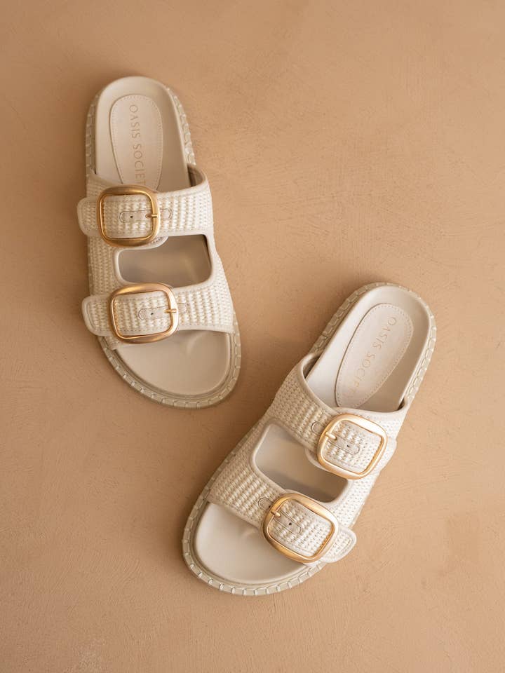 The Daytona Two-Tone Raffia Sandal with Gold Buckle
