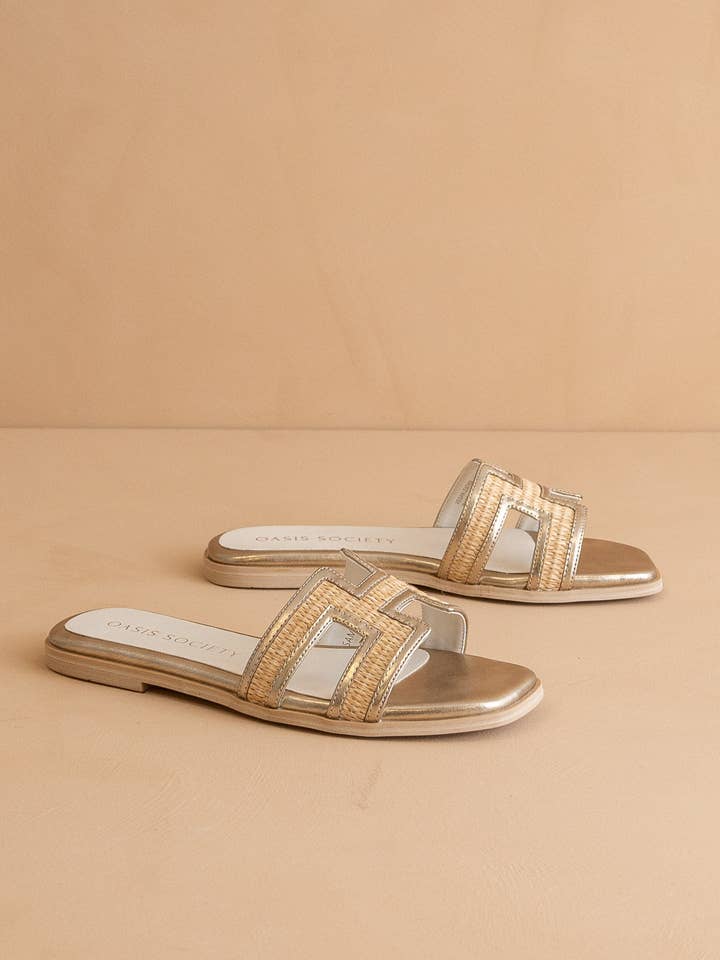 The Ena Gold H Cutout Raffia Slide