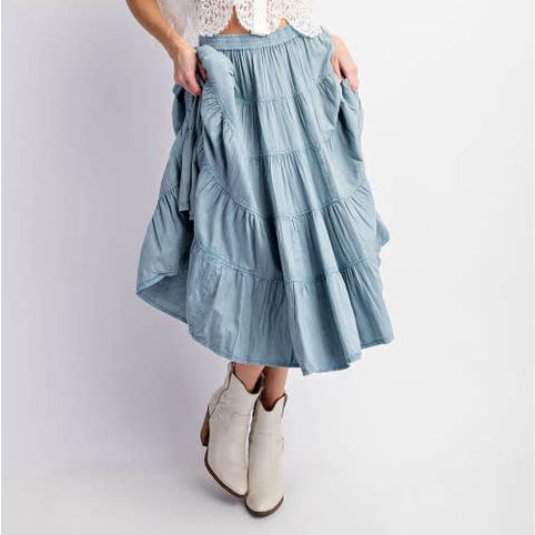 Tiered Light Weight Denim Midi Skirt