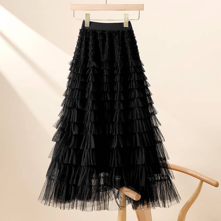 Tiered Ruffle Tulle Maxi Skirt