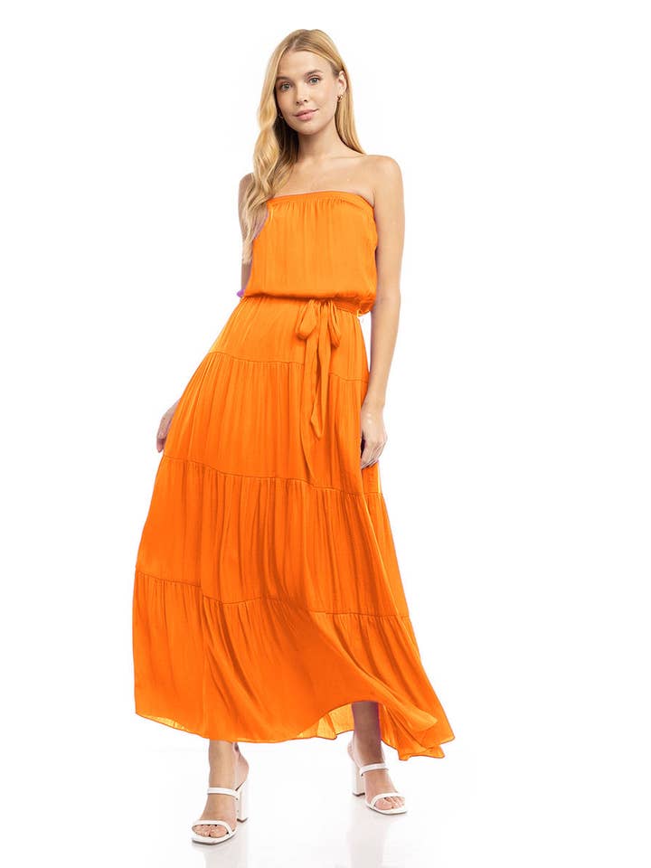 Tiered Strapless Maxi Dress in Neon Orange