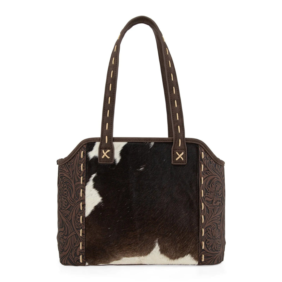 Coffee Genuine Hair-On Cowhide Tooled Tote