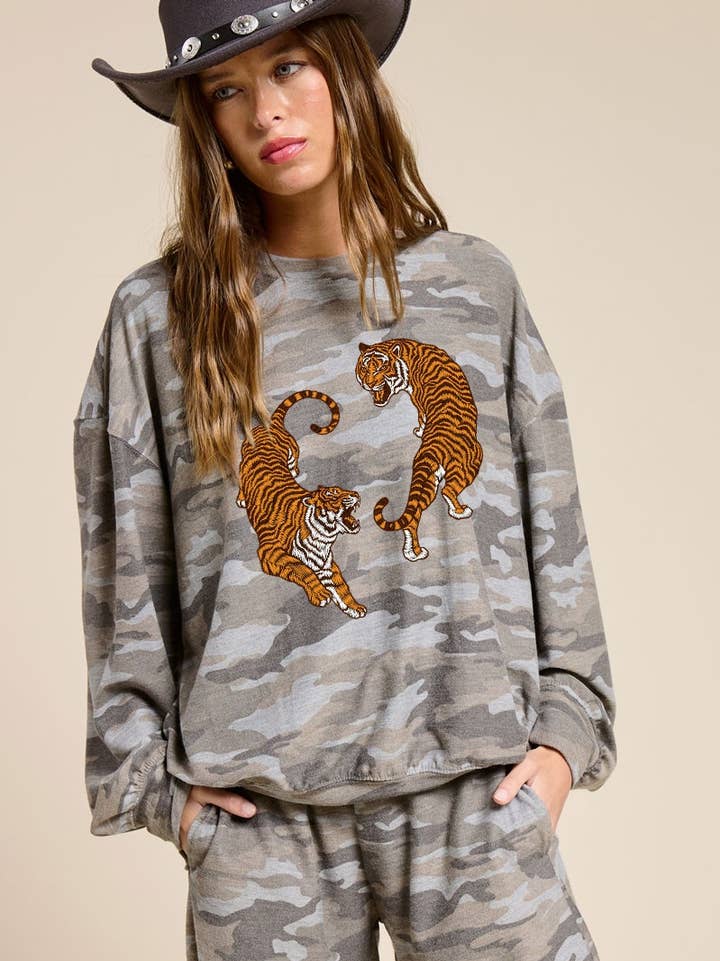 Tufted Yin & Yang Tigers Graphic Long Sleeve French Terry Pullover