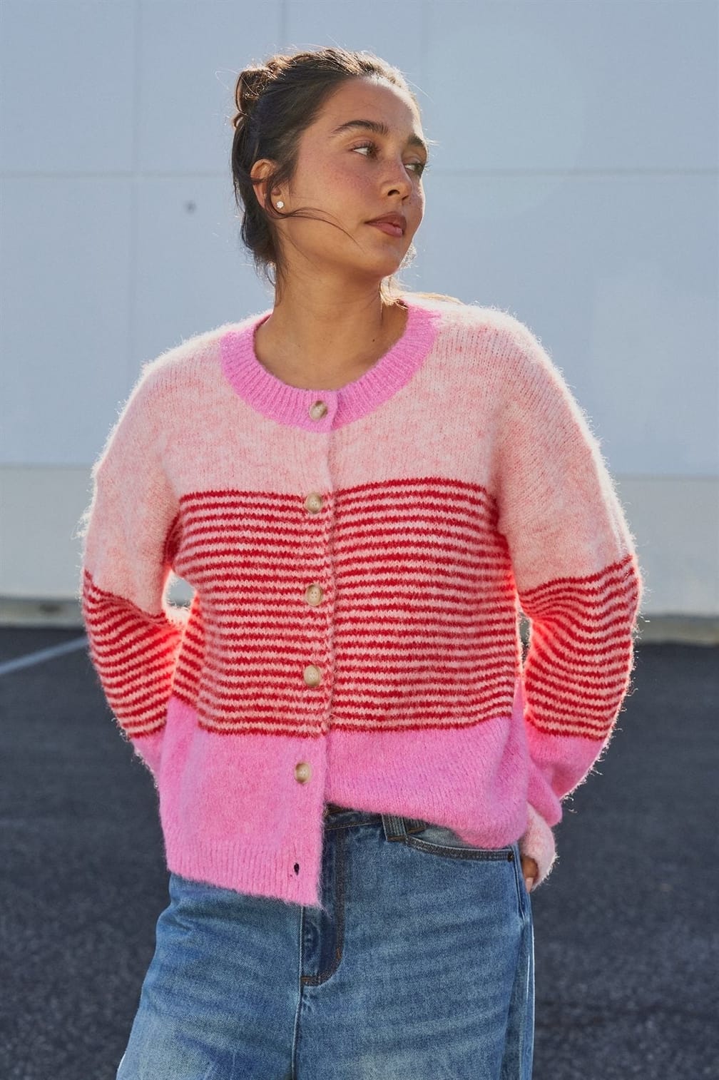 Striped Fuzzy Knit Volume Sleeve Cardigan