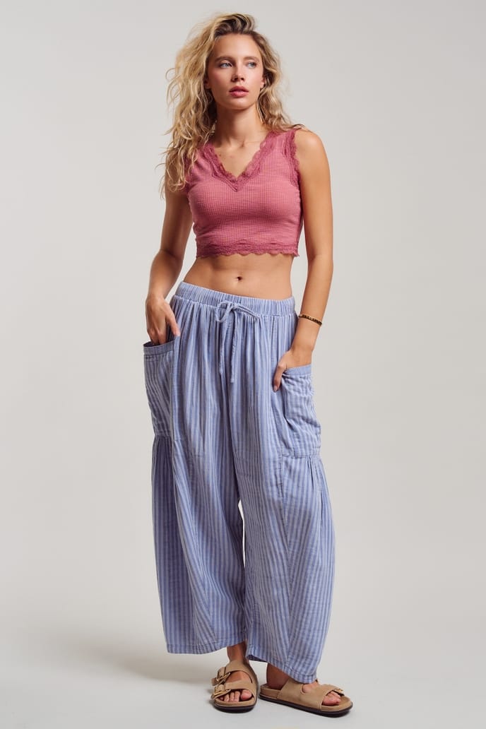 Striped Cotton Drawstring Harem Pants, 2 Available Colors