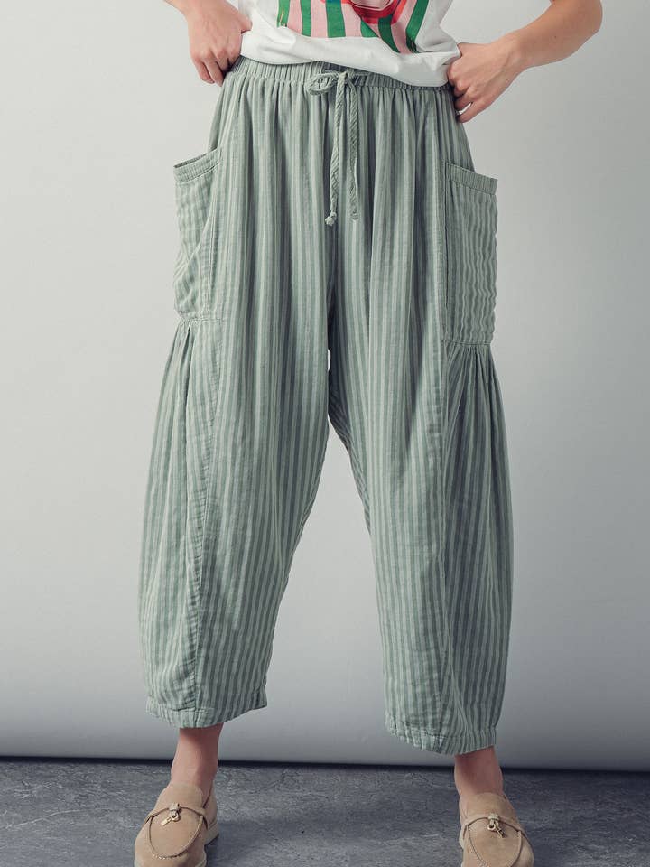 Striped Cotton Drawstring Harem Pants