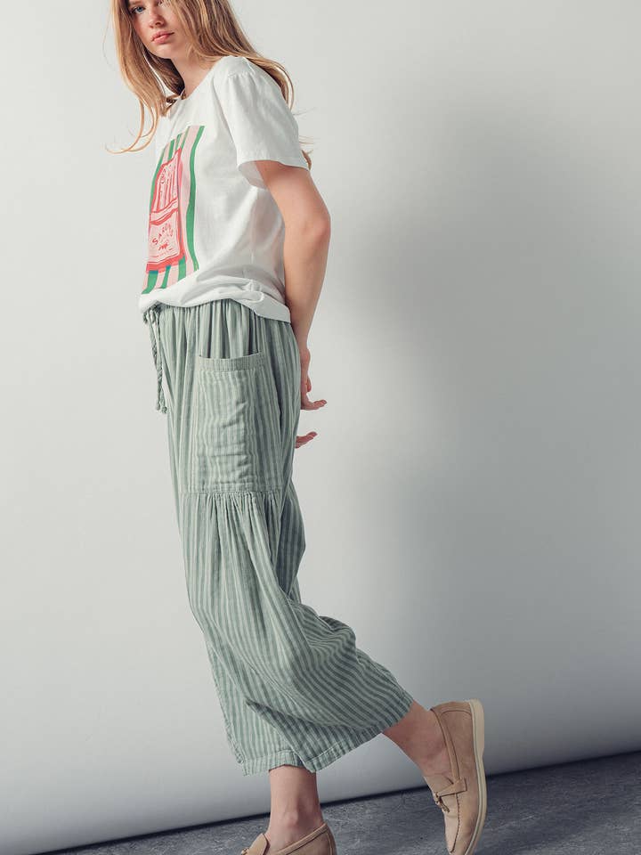 Striped Cotton Drawstring Harem Pants