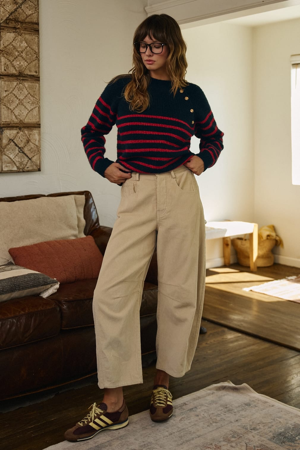 Urban Daizy Women’s Red/Navy Striped Mock Neck Sweater with Gold Buttons