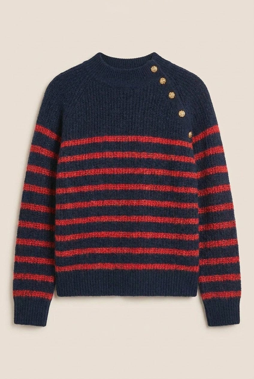 Striped Mock Neck Sweater with Gold Buttons