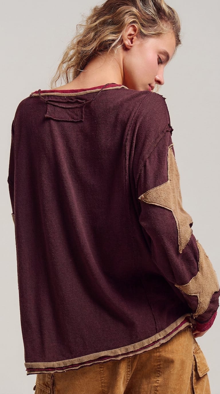 Raw Seam Star Patch Slouchy Knit Top