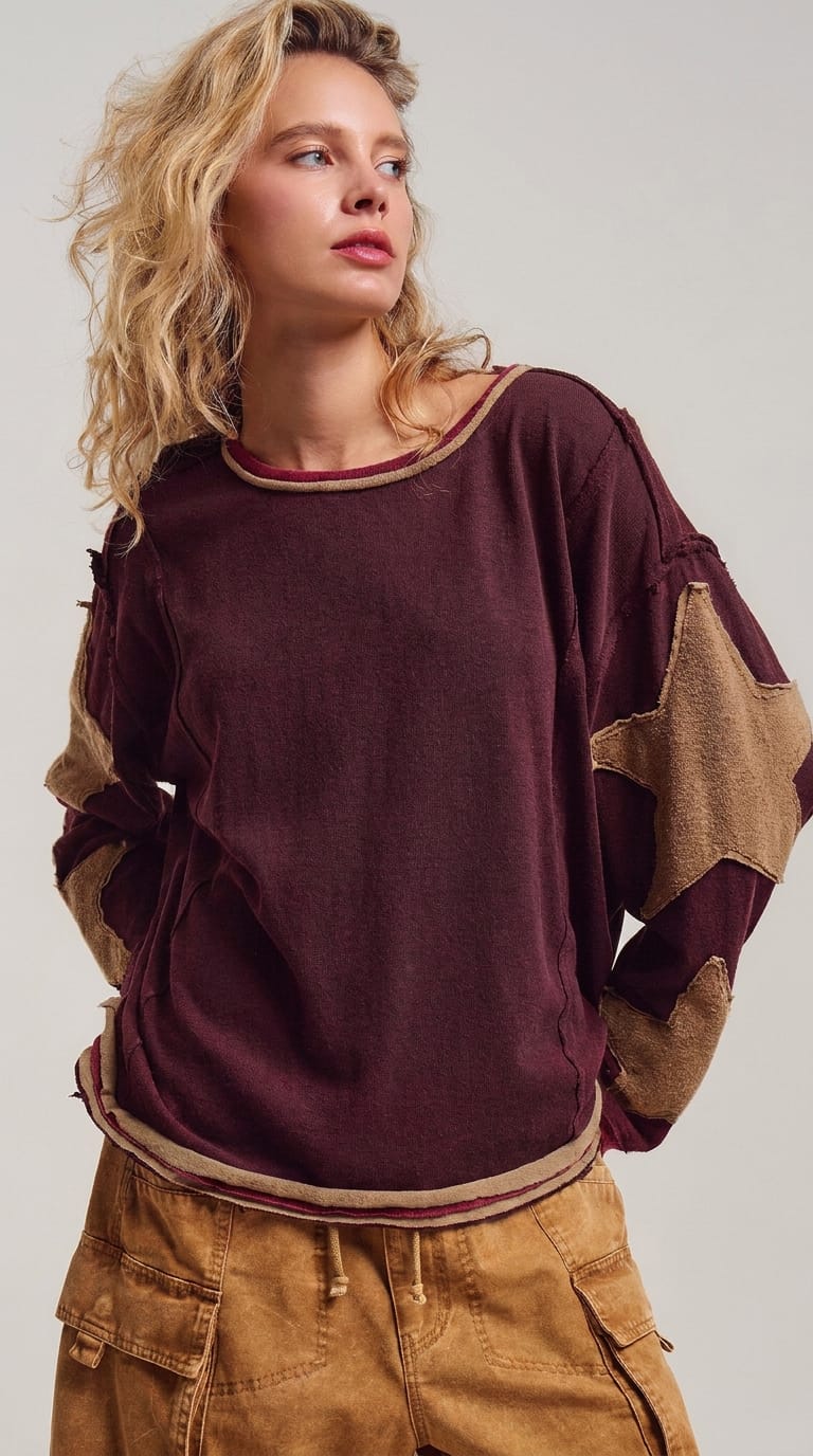 Raw Seam Star Patch Slouchy Knit Top