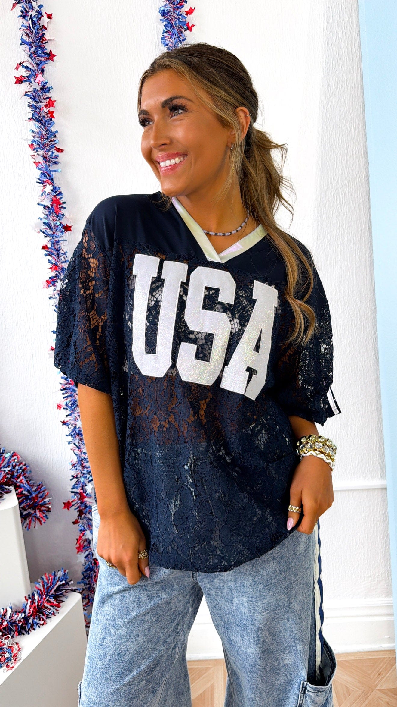 USA Navy Lace & Jersey T-Shirt
