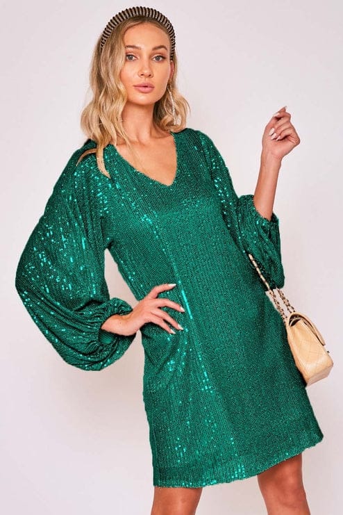 green V-Neck Balloon Sleeves Sequin Detail Mini Dress