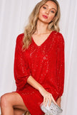 V-Neck Balloon Sleeves Sequin Detail Mini Dress red