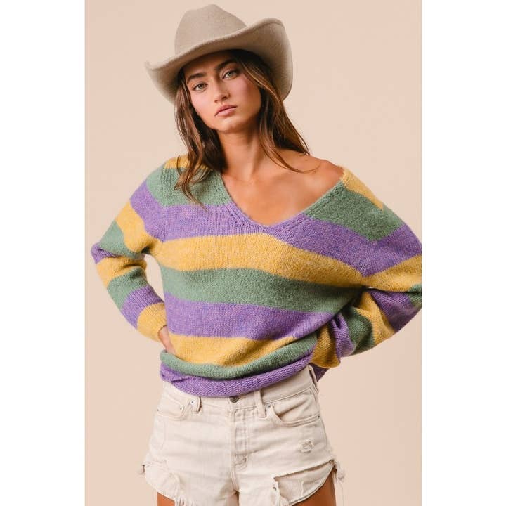 V-Neck Mardi Gras Stripe Sweater