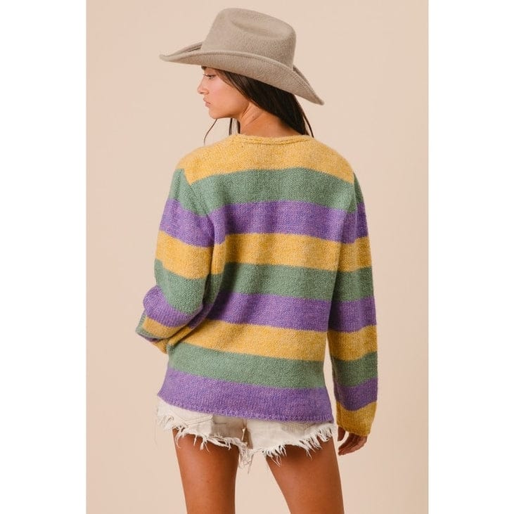 V-Neck Mardi Gras Stripe Sweater