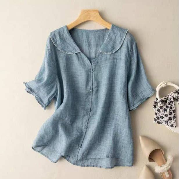 Vintage Doll Collar Short Sleeve Blouse in Blue