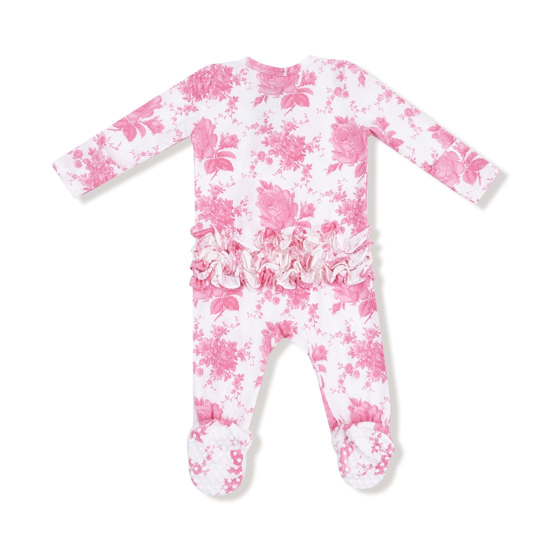 Vintage Pink Roses 2 Way Zipper Ruffle Back Footie