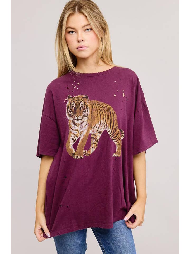 Vintage Tiger Graphic Short Sleeve Oversized Distressed Tee