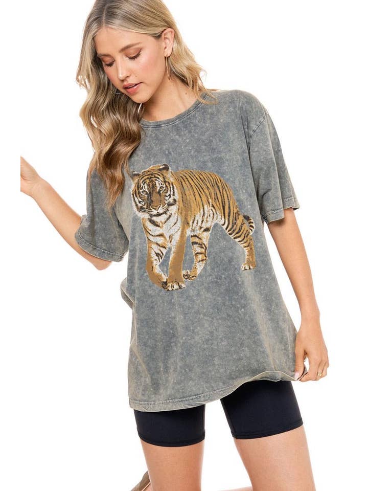 Vintage Tiger Graphic Short Sleeve Washed Boyfriend Tee, 2 Colors Available