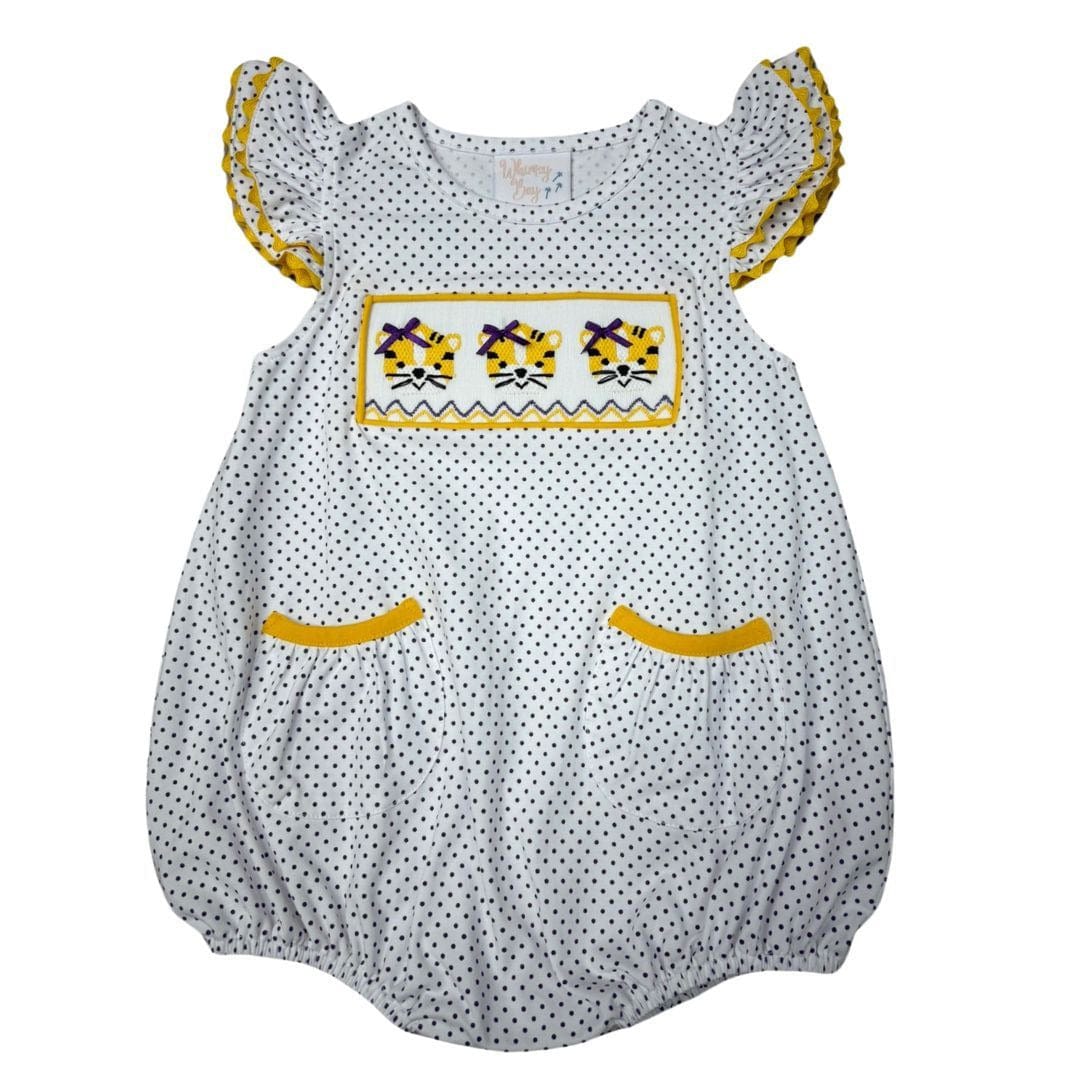 Whimsy Bay Kids Gold & Purple Tiger Smocked Faye Flutter Bubble - Little Miss Muffin Children & Home