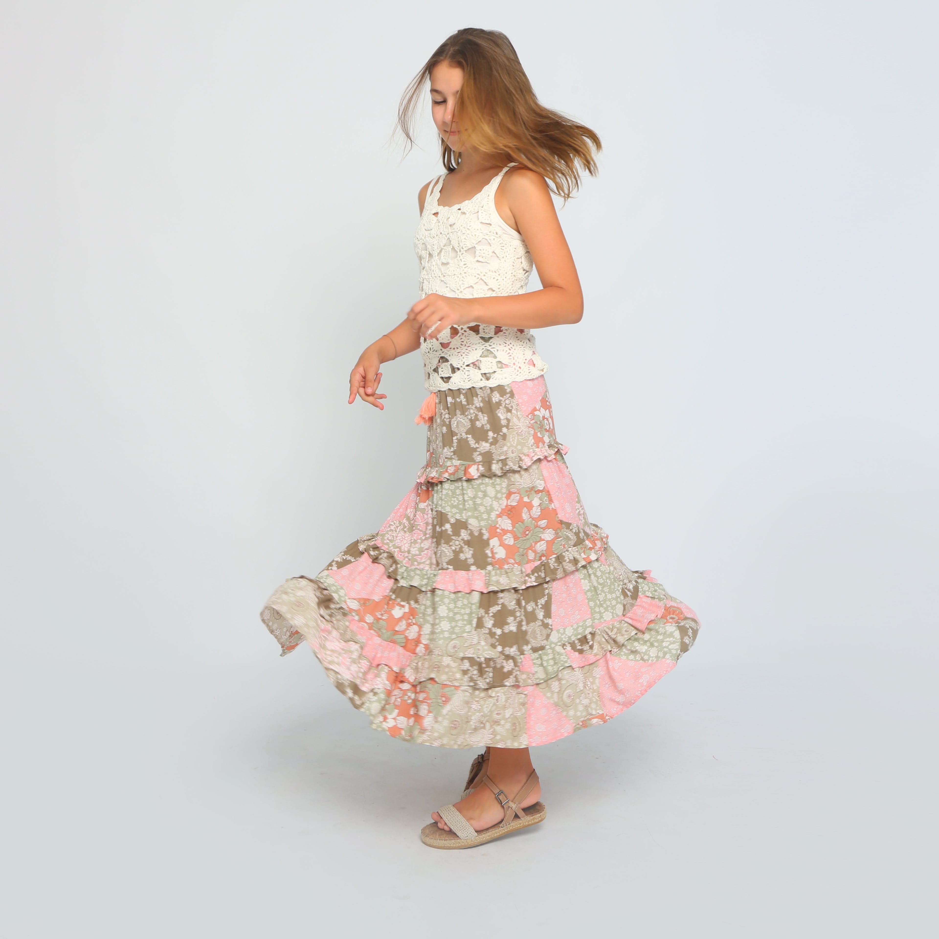 Joyous and Free Joyous and Free Maxi Tier Skirt Wonderland Olive Peach - Little Miss Muffin Children & Home